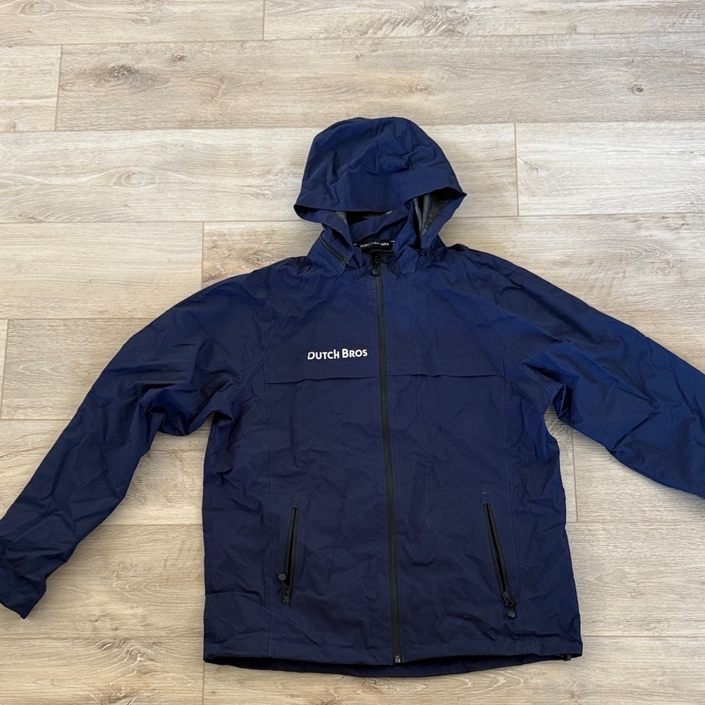 Dutch Bros Men's Blue Rain Jacket with Stuff Sack and Removable Hood